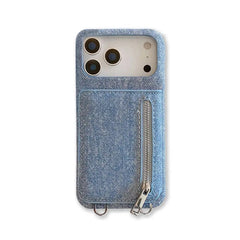 Fabric iPhone Case With Card Holder & Mirror And Strap Blue-BC25028