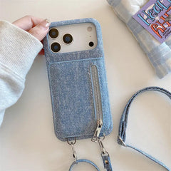 Fabric iPhone Case With Card Holder & Mirror And Strap Blue-BC25028