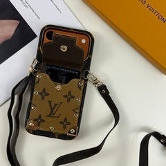 Luxury leather Monogram iPhone Case With Wallet And Crossbody Strap For iPhone 17 Series Brown-GELV148