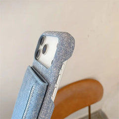 Fabric iPhone Case With Card Holder & Mirror And Strap Blue-BC25028