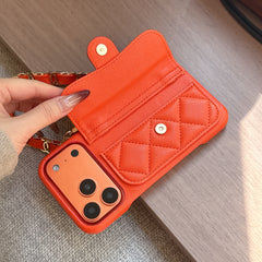 Leather CC iPhone Case With Wallet And Wrist Strap Orange For iPhone 17 Series-GECC032