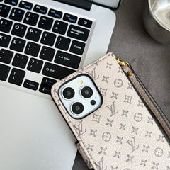 Chic Folding Monogram iPhone Case with Card Holder And Strap White-GEHYL005