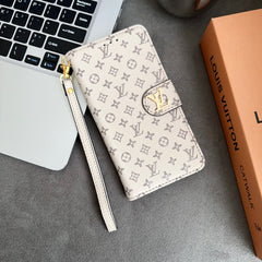 Chic Folding Monogram iPhone Case with Card Holder And Strap White-GEHYL005