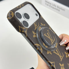 Premium Leather Monogram iPhone Case With Magnetic Stand Big Printing For iPhone 17 Series-GELV080