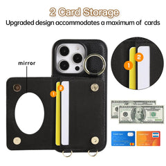 Leather iPhone Cases With Card Holder & Mirror And Strap Black-BC25033
