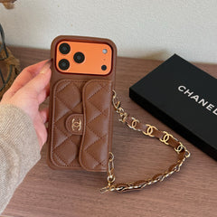 Leather CC iPhone Case With Wallet And Wrist Strap Brown For iPhone 17 Series-GECC033
