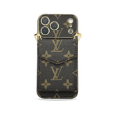 Premium Leather Monogram iPhone Case With Wallet And Crossbody Strap For iPhone 17 Series-GELV145
