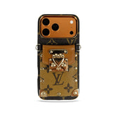 Luxury leather Monogram iPhone Case With Wallet And Crossbody Strap For iPhone 17 Series Brown-GELV148