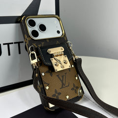 Refined Leather Monogram iPhone Case With Wallet And Crossbody Strap For iPhone 17 Series Black -GELV147