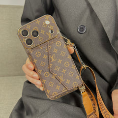 Stylish Leather Monogram iPhone Case With Wallet And Crossbody Strap For iPhone 17 Series-GELV151