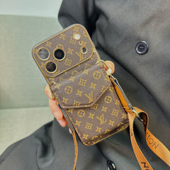 Luxury leather Monogram iPhone Case With Wallet And Crossbody Strap For iPhone 17 Series-GELV152