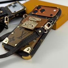 Luxury leather  Monogram iPhone Case With Wallet And Crossbody Strap For iPhone 17 Series Brown-GELV148