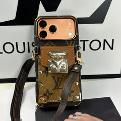 Luxury leather  Monogram iPhone Case With Wallet And Crossbody Strap For iPhone 17 Series Brown-GELV148