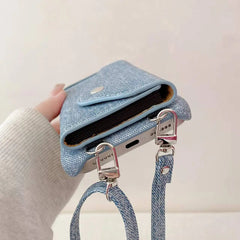 Fabric iPhone Case With Card Holder And Strap Blue-BC25029