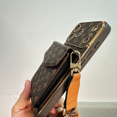 Luxury leather Monogram iPhone Case With Wallet And Crossbody Strap For iPhone 17 Series-GELV152