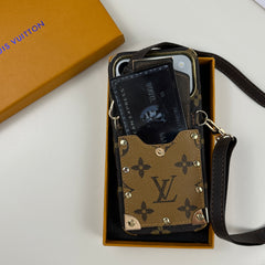 Refined Leather Monogram iPhone Case With Wallet And Crossbody Strap For iPhone 17 Series Black -GELV147