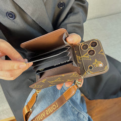 Stylish Leather Monogram iPhone Case With Wallet And Crossbody Strap For iPhone 17 Series-GELV151