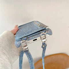 Fabric iPhone Case With Card Holder & Mirror And Strap Blue-BC25028
