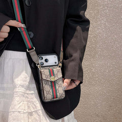 Classic Leather GG iPhone Case With Card Holder And Strap Brown-YHK251106