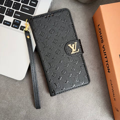 Chic Folding Monogram iPhone Case with Card Holder And Strap Black-GEHYL005