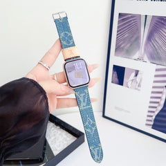 Classic Leather Monogram Apple Watch Band Blue-GELV121
