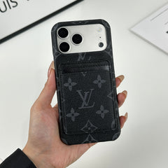 Classic Leather Monogram iPhone Case With Magnetic Card Holder Black Printing For iPhone 17 Series-GELV088
