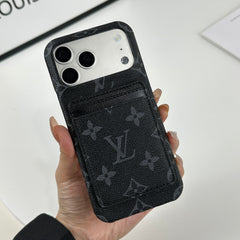 Classic Leather Monogram iPhone Case With Magnetic Card Holder Black Printing For iPhone 17 Series-GELV088