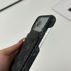Classic Leather Monogram iPhone Case With Magnetic Card Holder Black Printing For iPhone 17 Series-GELV088