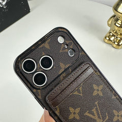 Elegant Leather Monogram iPhone Case With Magnetic Card Holder Big Printing For iPhone 17 Series-GELV096