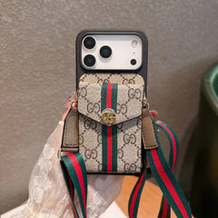 Classic Leather GG iPhone Case With Card Holder And Strap Brown-YHK251106