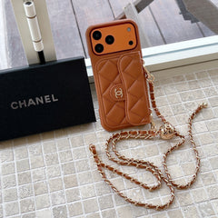 Textured Leather CC iPhone Case With Wallet And Crossbody Strap Coffee For iPhone 17 Series-GECC031