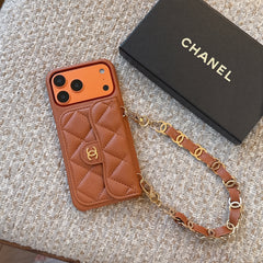 Leather CC iPhone Case With Wallet And Wrist Strap Brown For iPhone 17 Series-GECC033