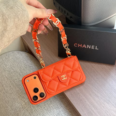 Leather CC iPhone Case With Wallet And Wrist Strap Orange For iPhone 17 Series-GECC032