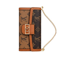 Premium Leather Monogram iPhone Case With Flip Wallet And Crossbody Strap-GELV219
