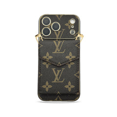 Premium Leather Monogram iPhone Case With Wallet And Crossbody Strap For iPhone 17 Series-GELV145