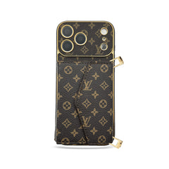 Stylish Leather Monogram iPhone Case With Wallet And Crossbody Strap For iPhone 17 Series-GELV151