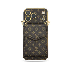 Luxury leather Monogram iPhone Case With Wallet And Crossbody Strap For iPhone 17 Series-GELV152