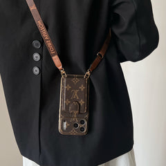 Leather Monogram iPhone Case With Card Holder And Strap Big Printing-JPK251608