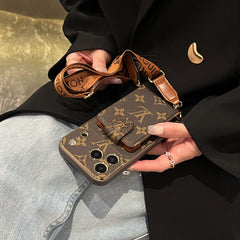Luxury Leather Monogram iPhone Case With Card Holder And Strap For iPhone 17 Series-GELV007