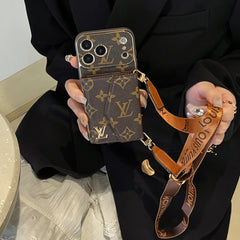 Leather Monogram iPhone Case With Card Holder And Strap For iPhone 17 Series-GELV002