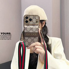 Premium  Leather GG iPhone Case With Card Wallet And Crossbody Strap For iPhone 17 Series-GEGG165