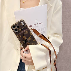 High-quality Leather  Monogram iPhone Case With Wallet And Crossbody Strap For iPhone 17 Series-GELV168
