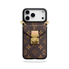 Premium Leather Monogram iPhone Case With Wallet And Crossbody Strap For iPhone 17 Series-GELV199