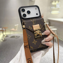 Premium Leather Monogram iPhone Case With Wallet And Crossbody Strap For iPhone 17 Series-GELV199