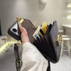 Premium Leather Monogram iPhone Case With Wallet And Crossbody Strap For iPhone 17 Series-GELV199