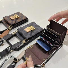 Premium Leather Monogram iPhone Case With Wallet And Crossbody Strap For iPhone 17 Series-GELV199