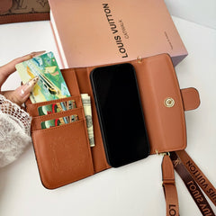 Premium Leather Monogram iPhone Case With Flip Wallet And Crossbody Strap-GELV219